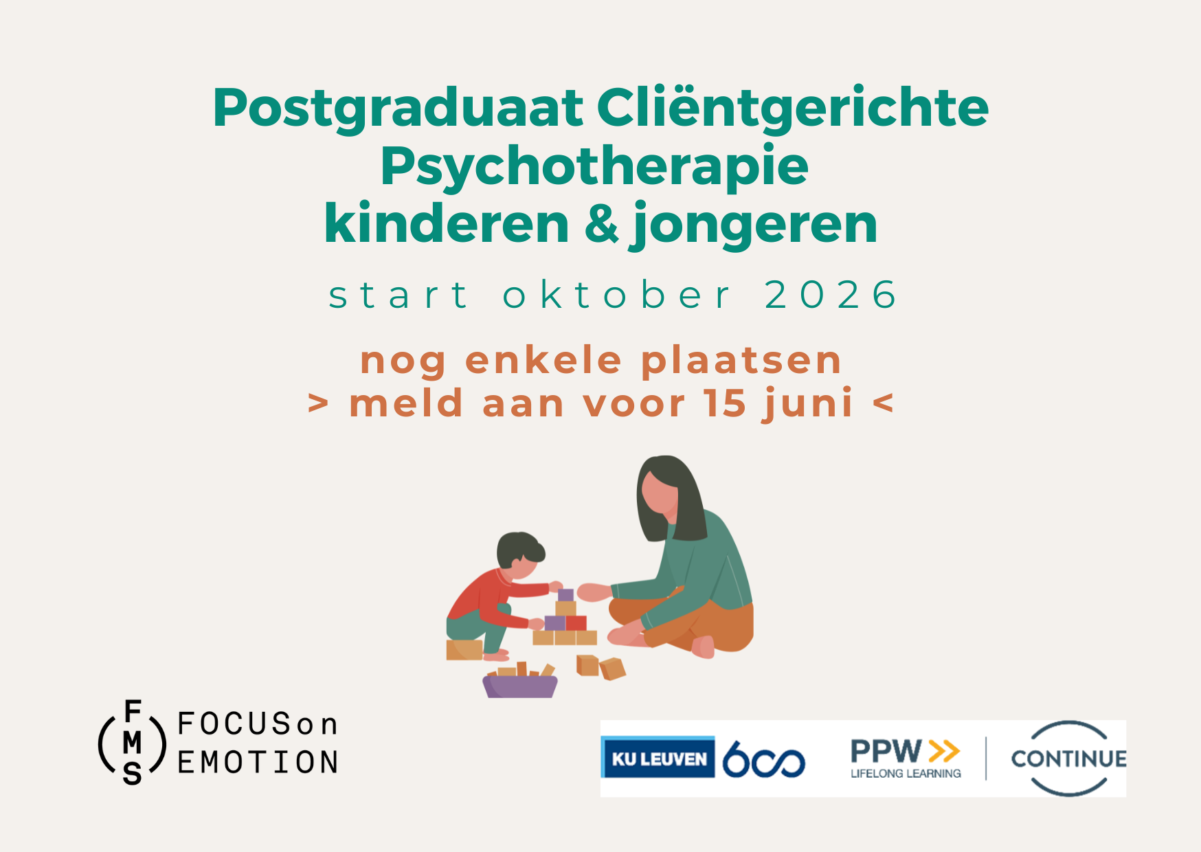 Nog enkele plaatsen vrij voor ons Postgraduaat Cliëntgerichte psychotherapie voor kinderen en jongeren!